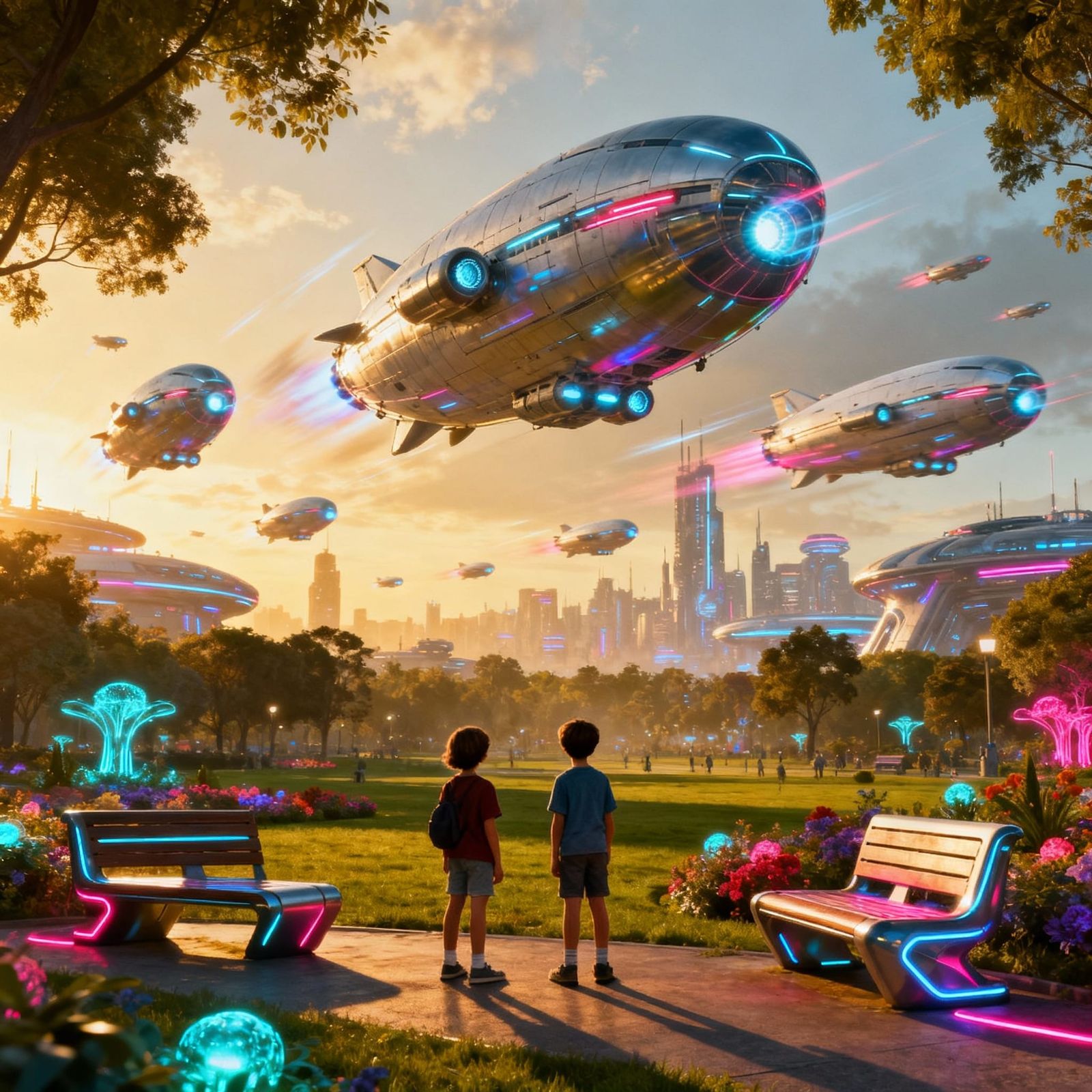 A future memory, 2060. Two children standing in a park watch...