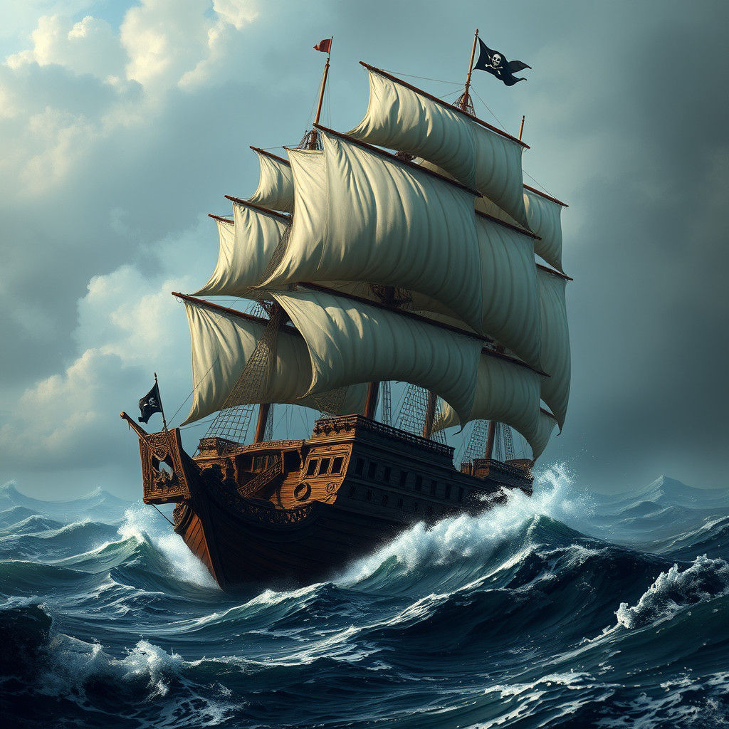 Pirate Galleon on Stormy Seas: Hyper-Realistic Maritime Scen...
