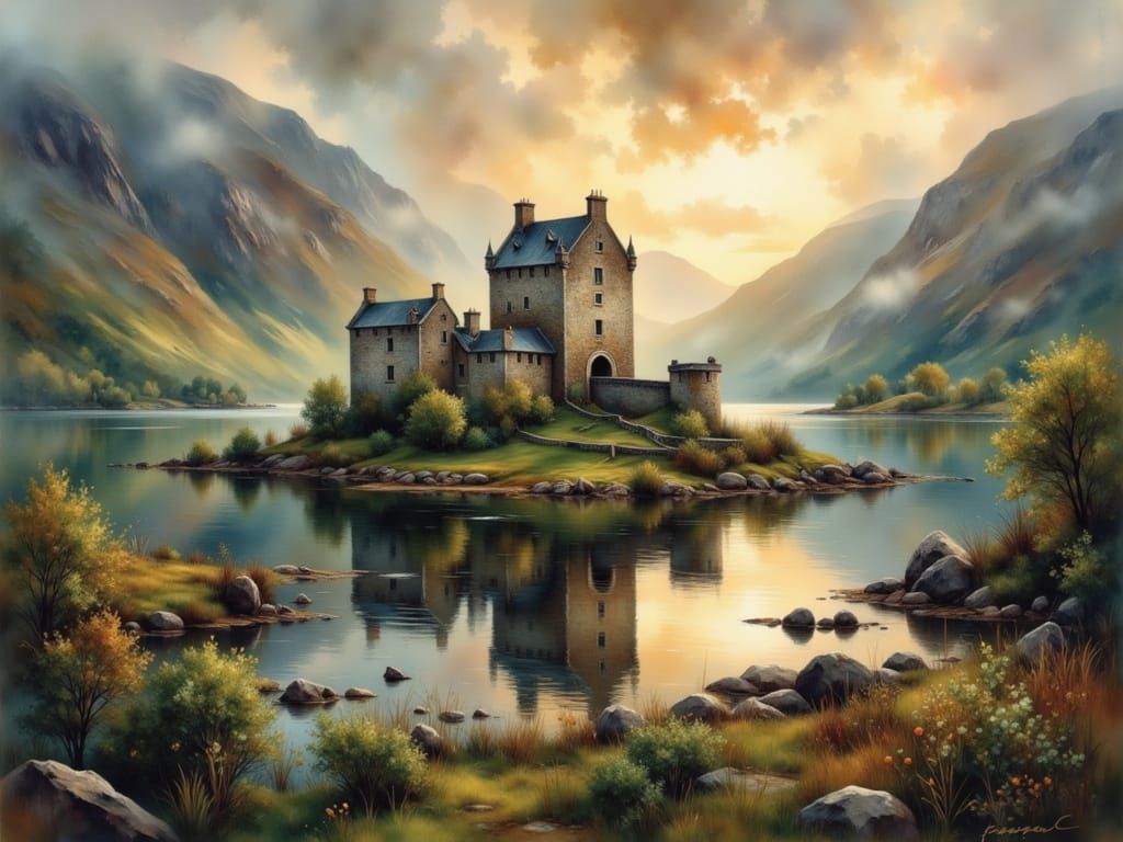 Eilean Donan Castle at Sunset in Watercolor