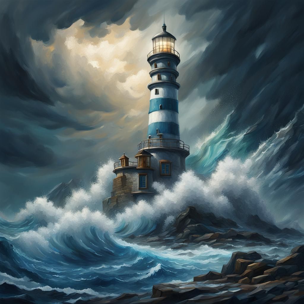 Lighthouse in Storm: Abstract Oil Painting