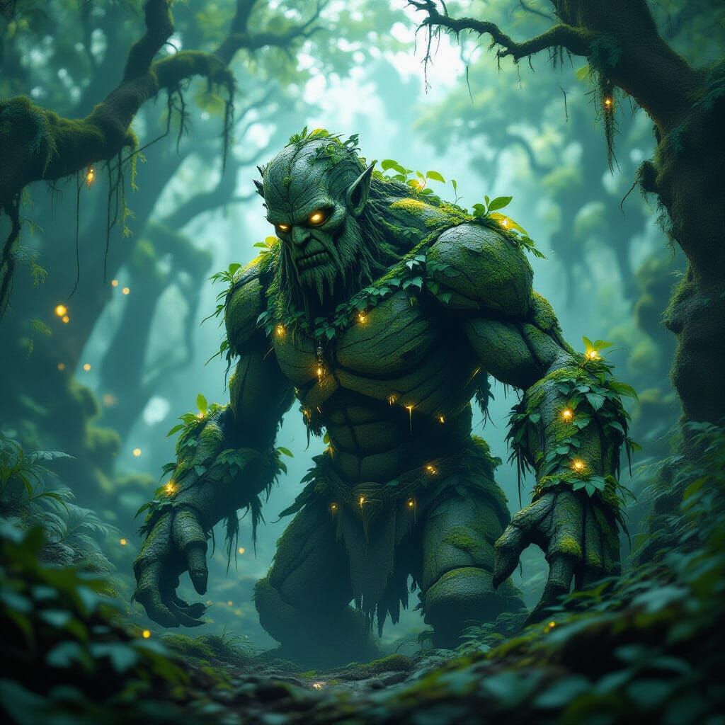 Mossy Stone Golem Awakens in Bioluminescent Forest