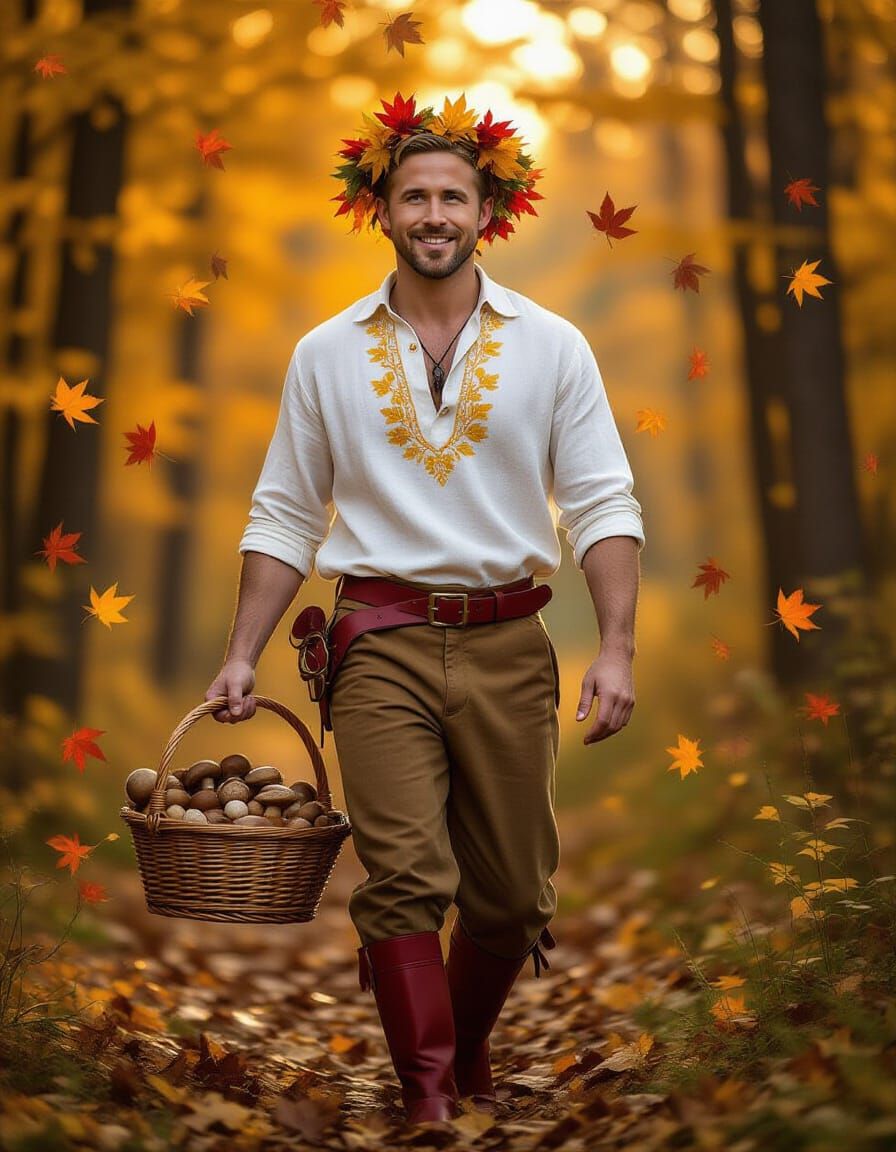 Man in Autumn Forest with Leaf Wreath - Hyperrealistic Splas...