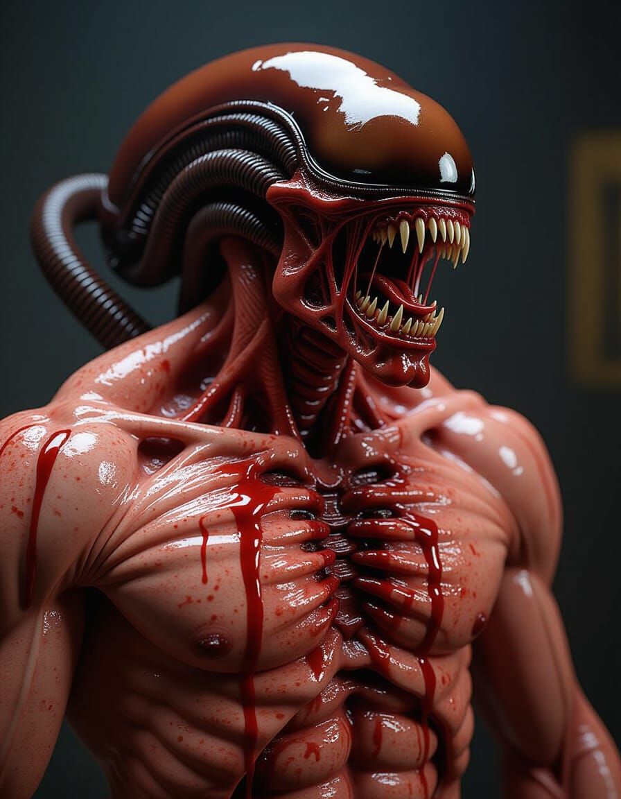 Alien Chestburster Emerges from Torn Human Chest