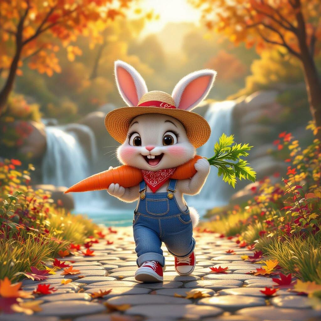 Bunny in Overalls Walks Autumn Path, Whimsical 3D Style