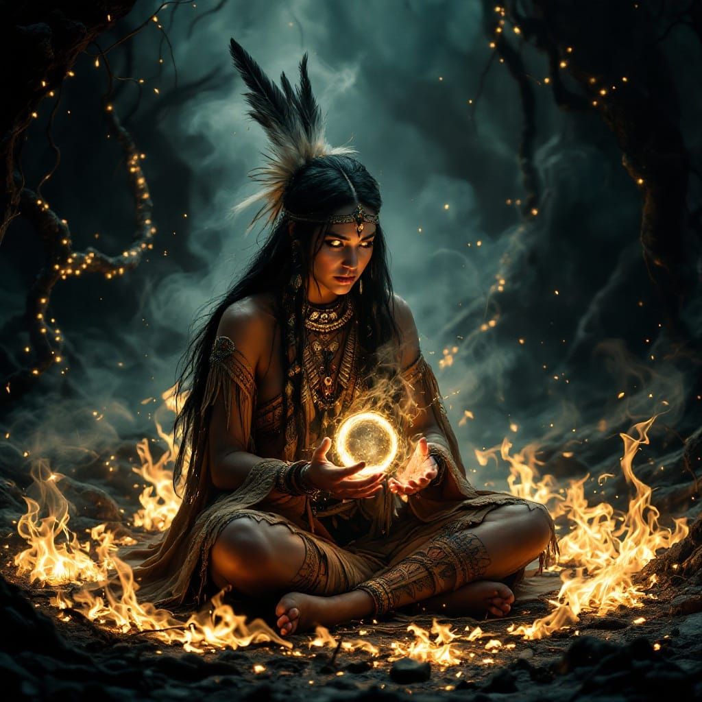Native American Storyteller in Mystical Forest, Moon Goddess...