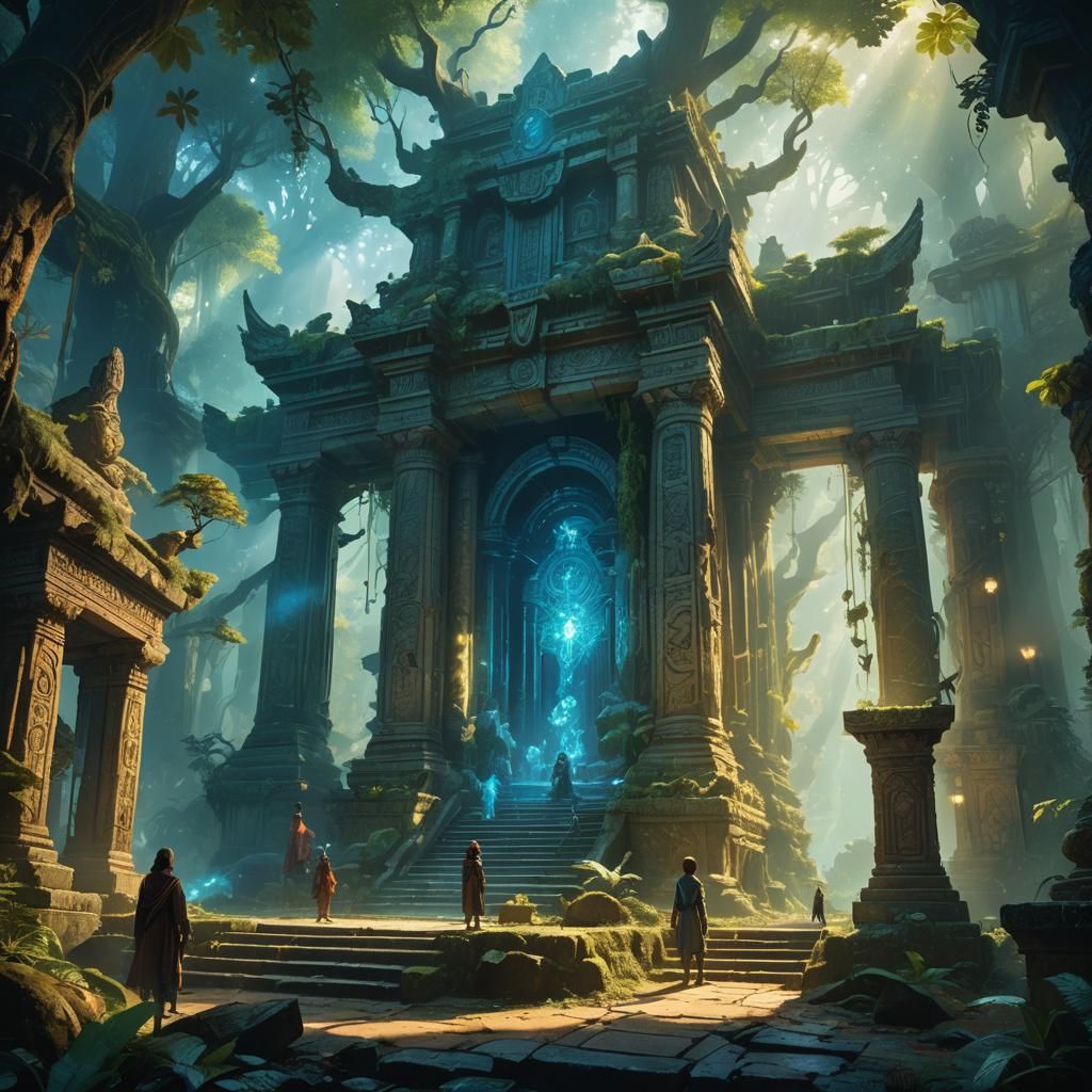 Mystical Forest Temple with Ancient Artifacts