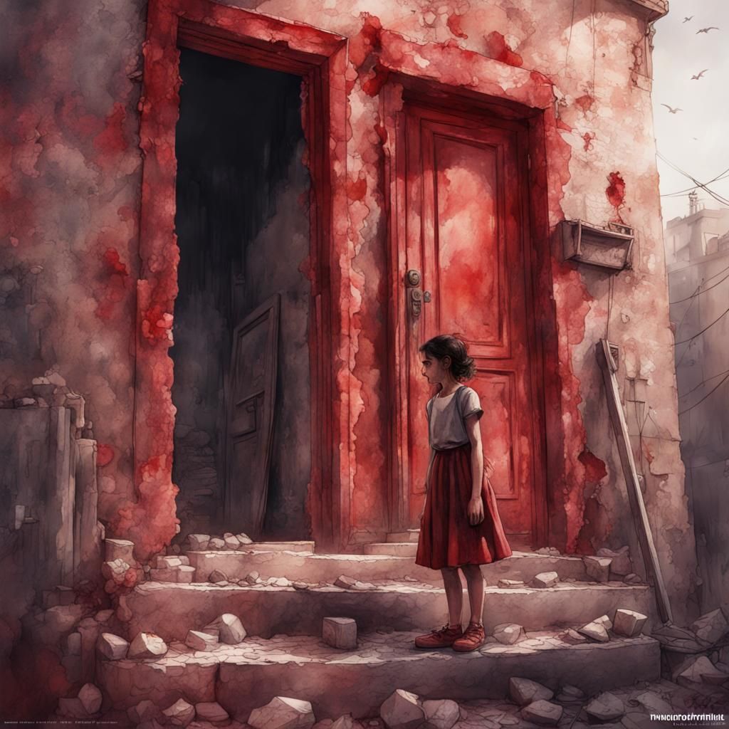 Monochromatic Watercolor of Girl Amidst War Destruction