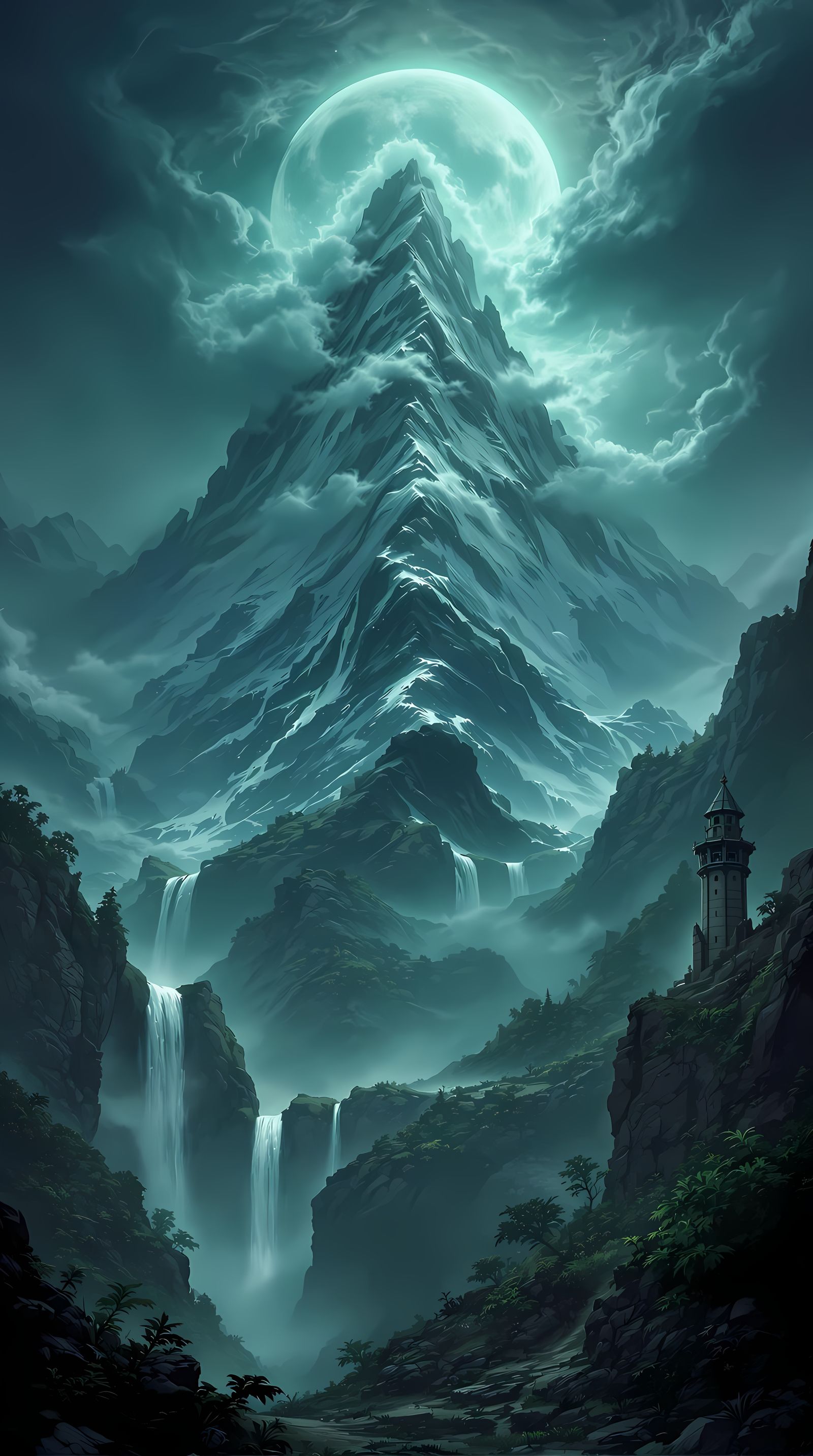 Dramatic Fantasy Landscape with Crescent Moonlit Waterfalls