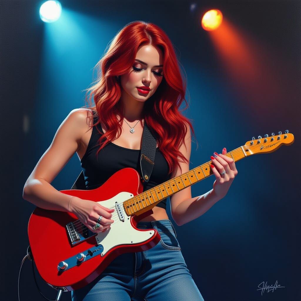 Redhead Guitarist in Realistic Oil Painting
