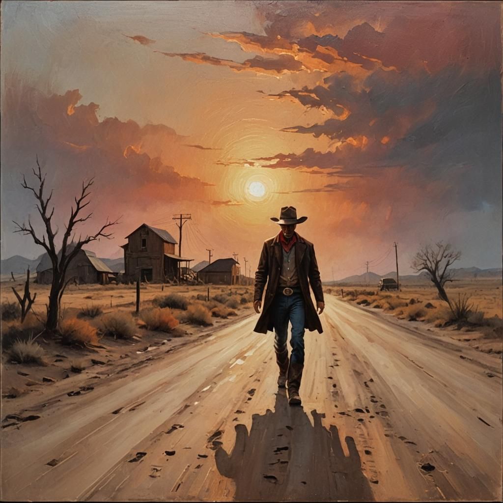 Cowboy on Dusty Road: American Folk Art Oil Painting