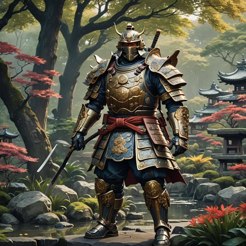 Shogun Portrait in Japanese Garden, Art Nouveau Style