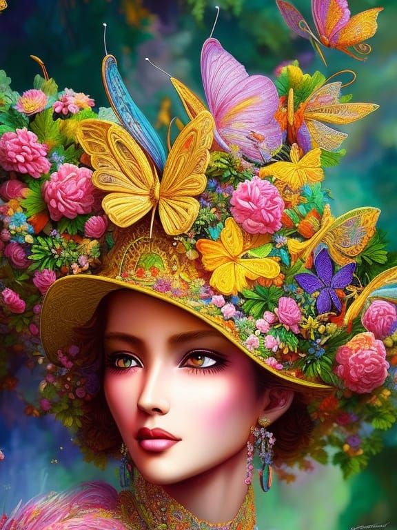 Butterfly Princess with Flower Hat in Detailed Art