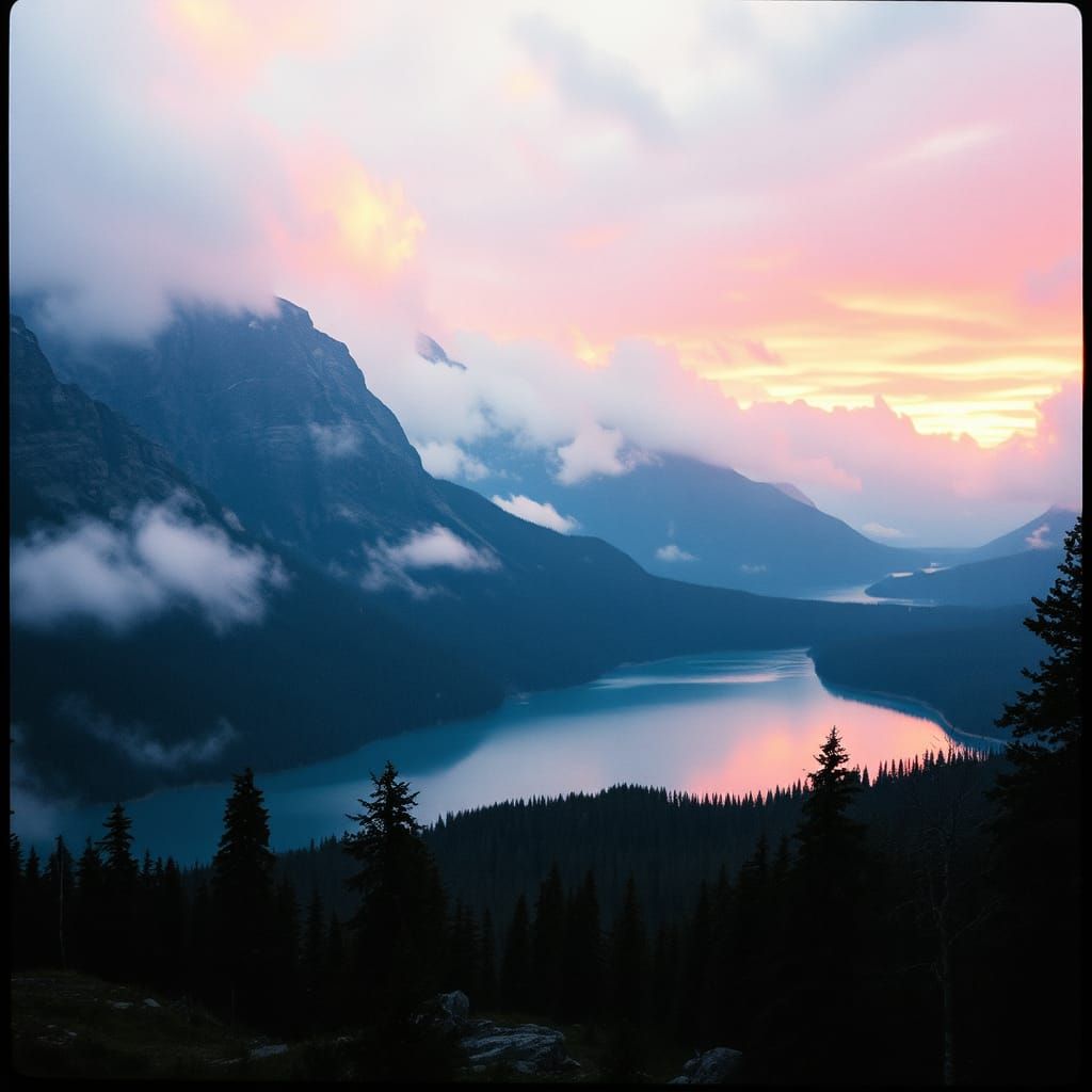 Misty Mountain Lake Landscape with Ink Splatters