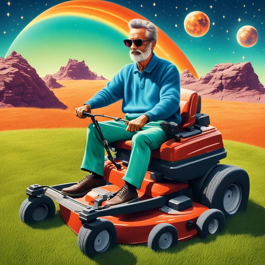Man Mowing Lawn on Alien Planet in Photorealistic Style
