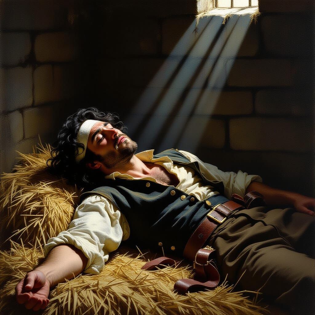 Noble Prisoner in Dark Cell, Oil Painting Style
