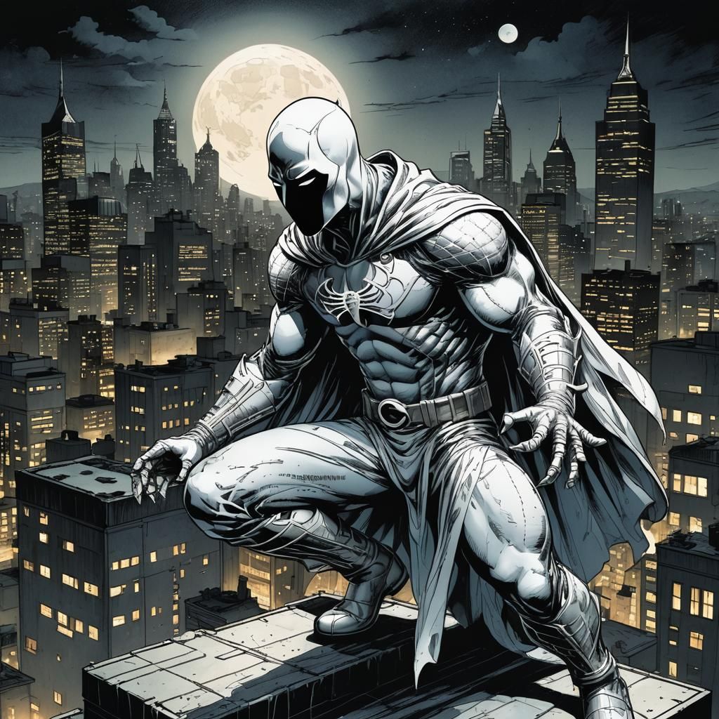 Moon Knight on Rooftop in Comic Book Style