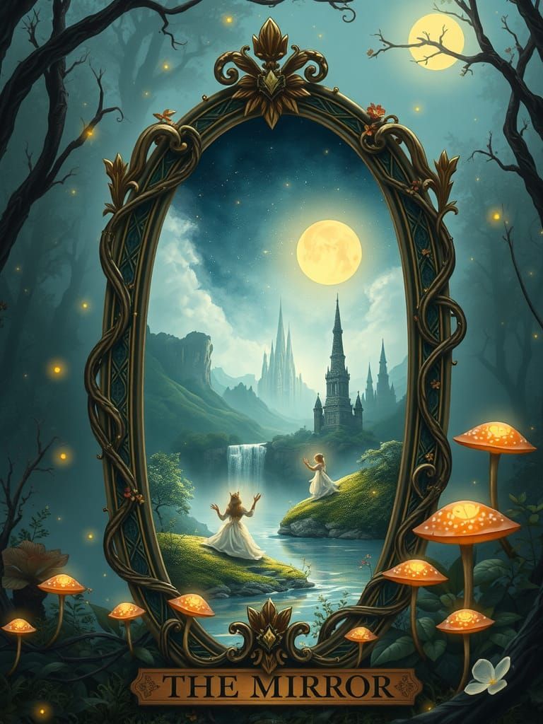 Mystical Tarot Card: The Mirror in Dreamlike Forest