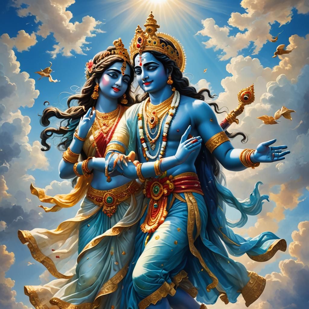 Divine Radha Krishna in Heavenly Blue Sky