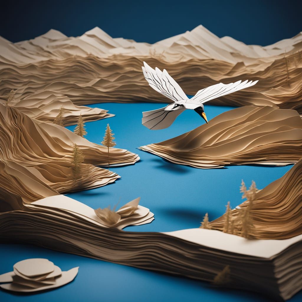 Paper Diorama Landscape with Majestic Paper Seagull