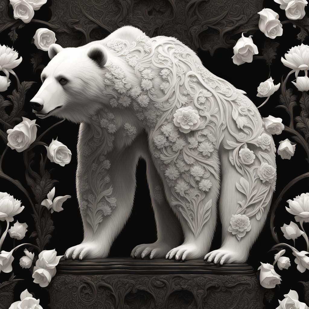 Bear Silhouette in Intricate Floral Patterns on Black Backgr...