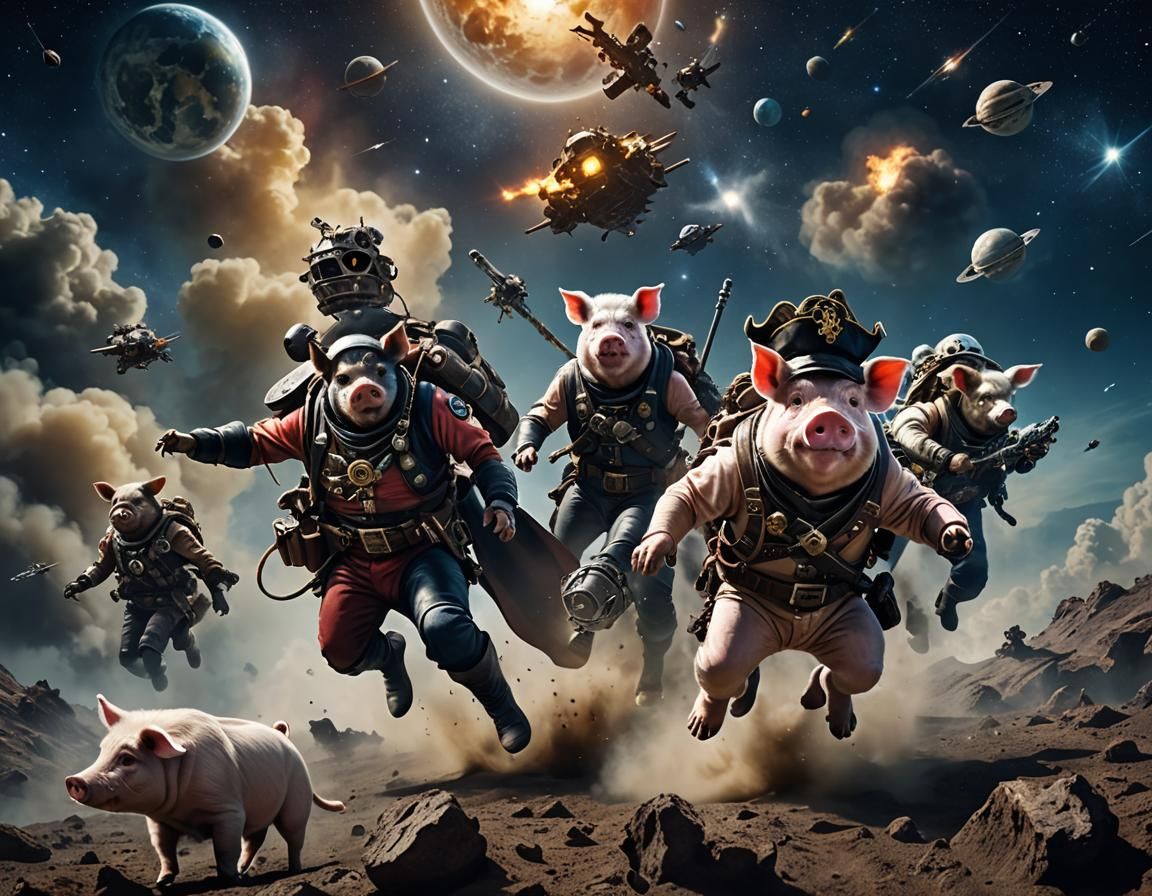 Space Pirate Pigs Drifting in Space: Hyperrealistic HDR