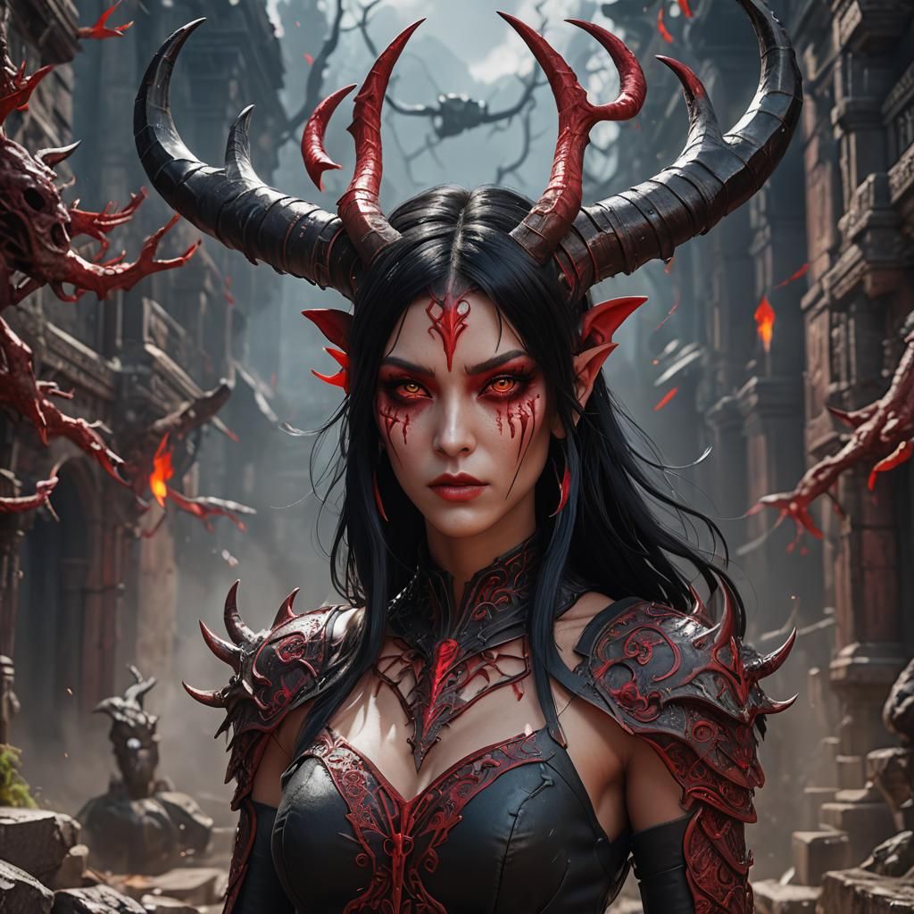 red skin, Girl, Black straight hair, red skin, red horns, re...