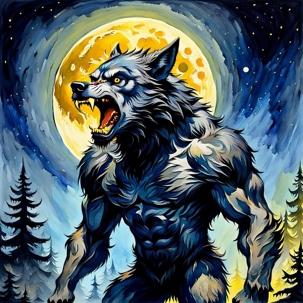 Werewolf Howls under a Yellow Moon: Gouache Style