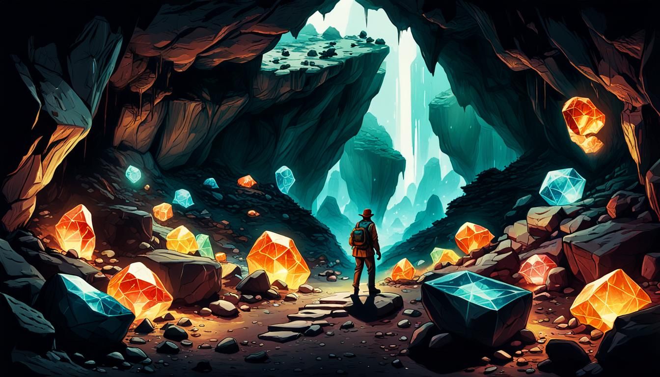 Scientist and Cave Gems in Retro Cinematic Illustration