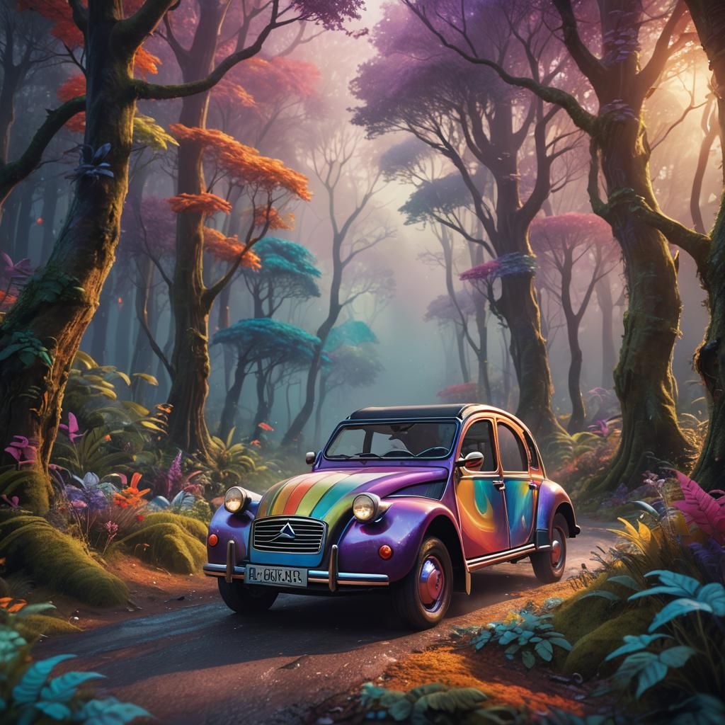 Rainbow Citroen 2CV in Mystical Forest Concept Art
