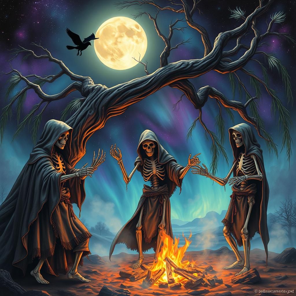 Medieval Skeletons Dance Under Aurora Sky
