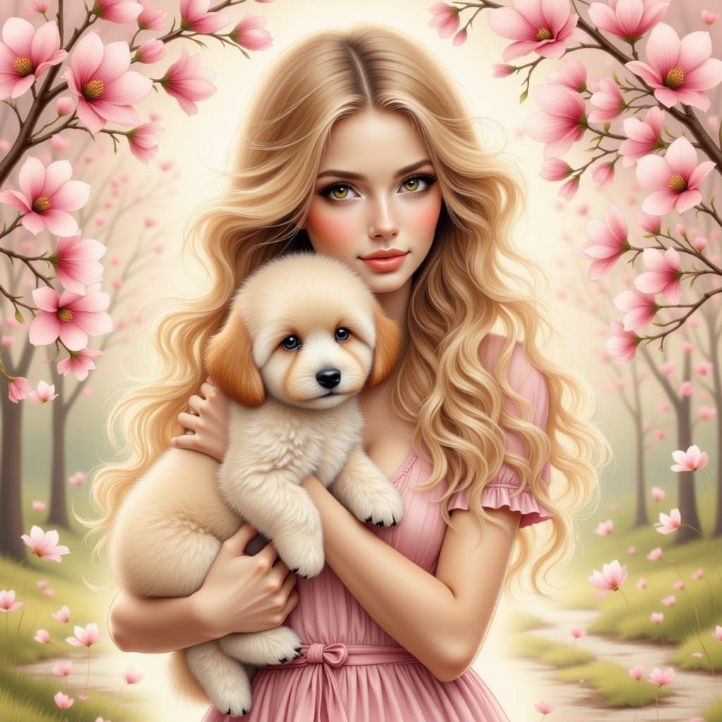 Woman With Bichon Frise Under Dogwood Tree