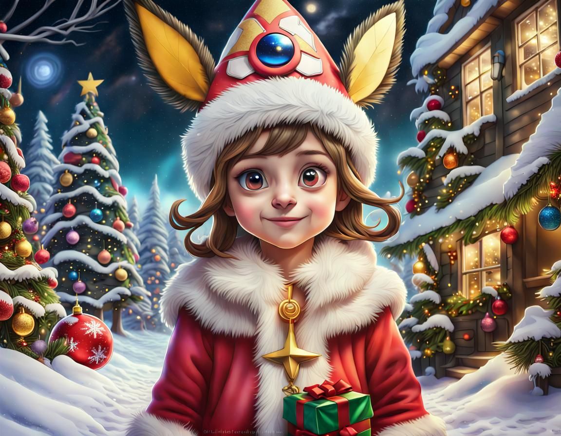 Majestic Christmas Scene in Vibrant Pokemon Forest Style