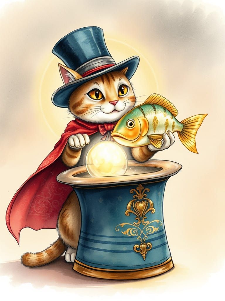 Magician Cat Levitates Fish from Top Hat in Whimsical Storyb...