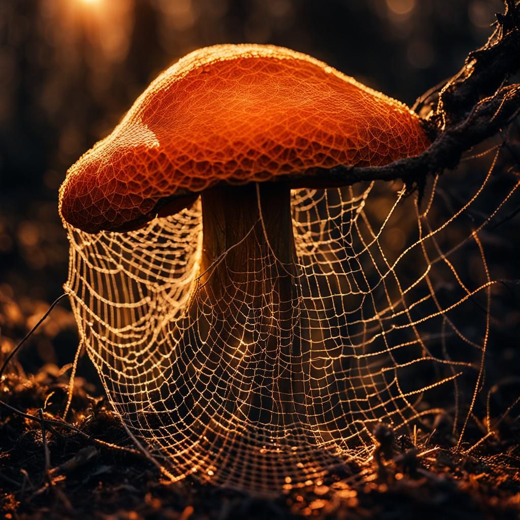 Mushroom Covered in Spiderweb at Sunset: Dark Surrealism