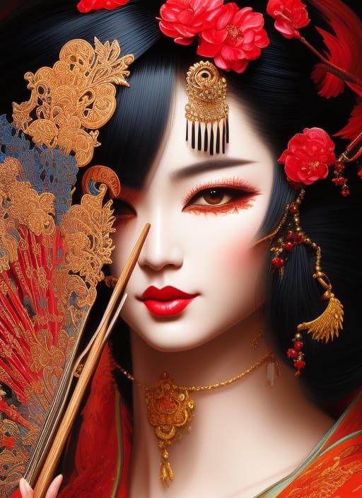 Geisha Kitten with Fan in Splash Art Style