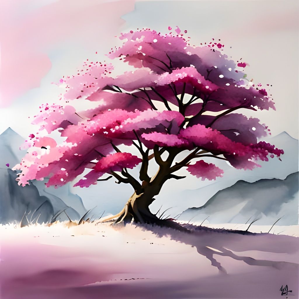Watercolor Cherry Blossom Tree in Soft Lighting