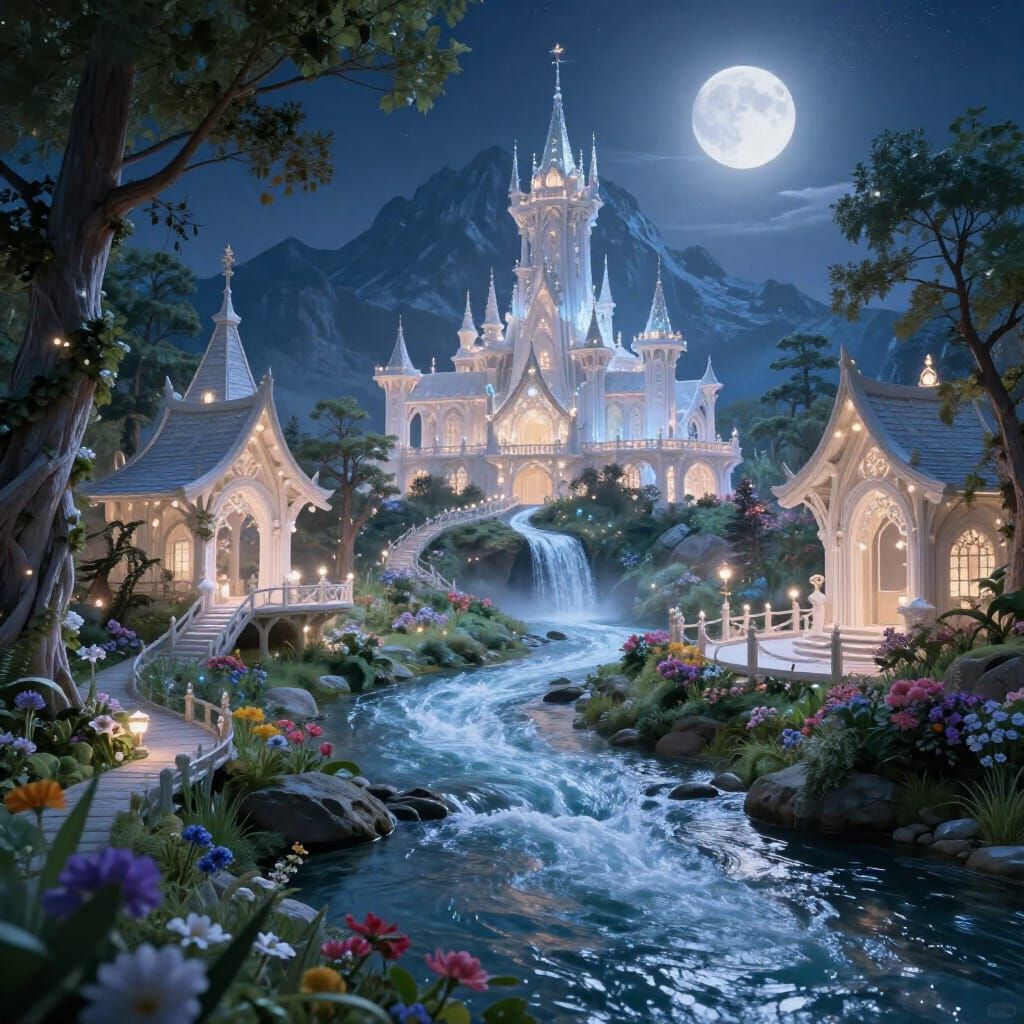 Magical Elven Kingdom at Night with Waterfall