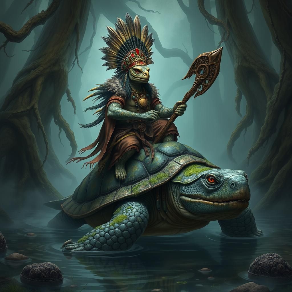 Reptilian Shaman Rides Dragon Turtle in Fantasy Swamp