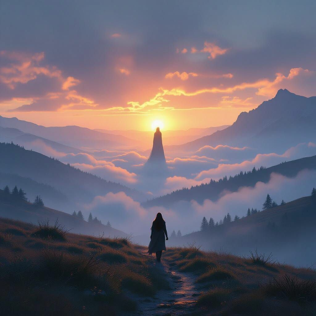 Traveler Meets Ice and Fire Goddess in Misty Sunrise