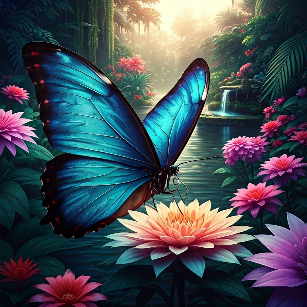 Bioluminescent Blue Morpho Butterfly in Synthwave Garden