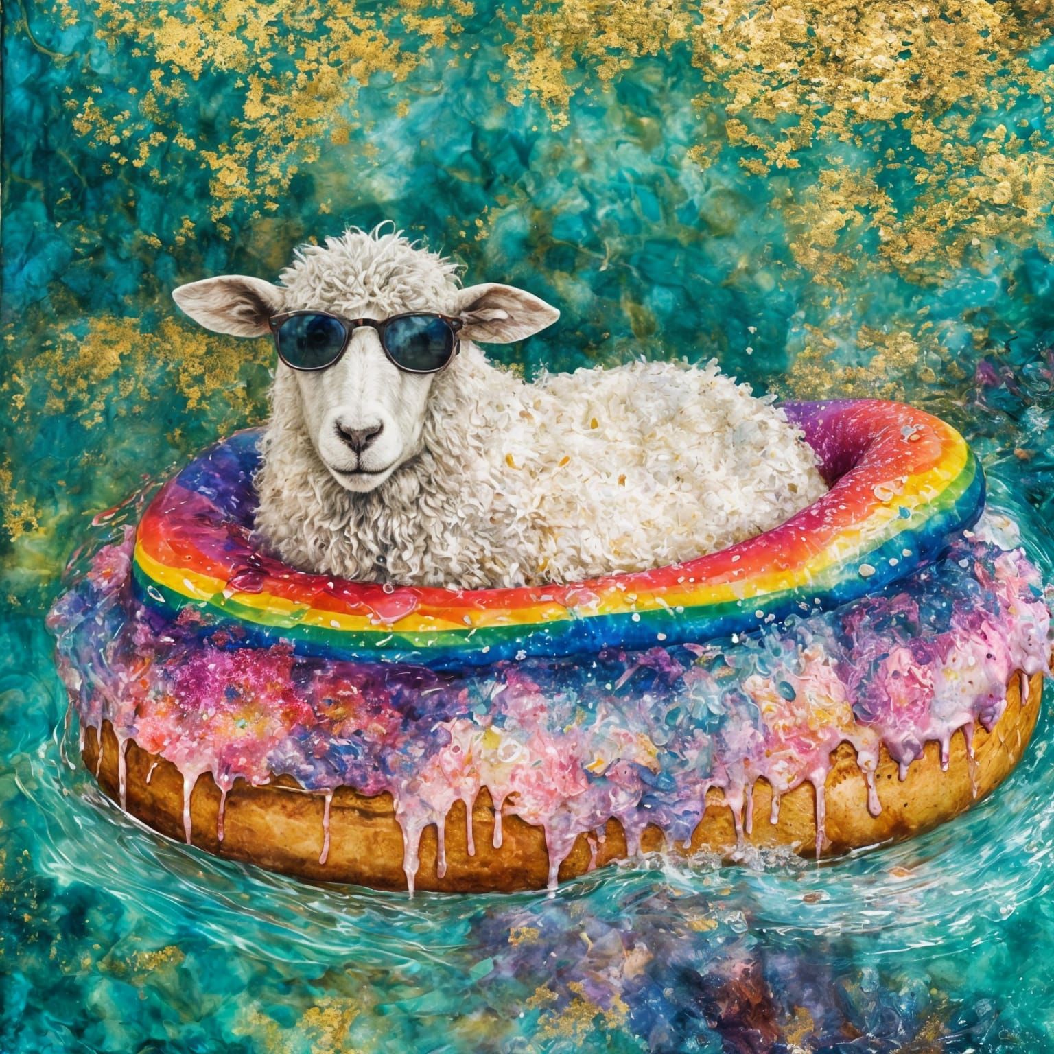 Whimsical Sheep Floats Downriver in Rainbow Donut