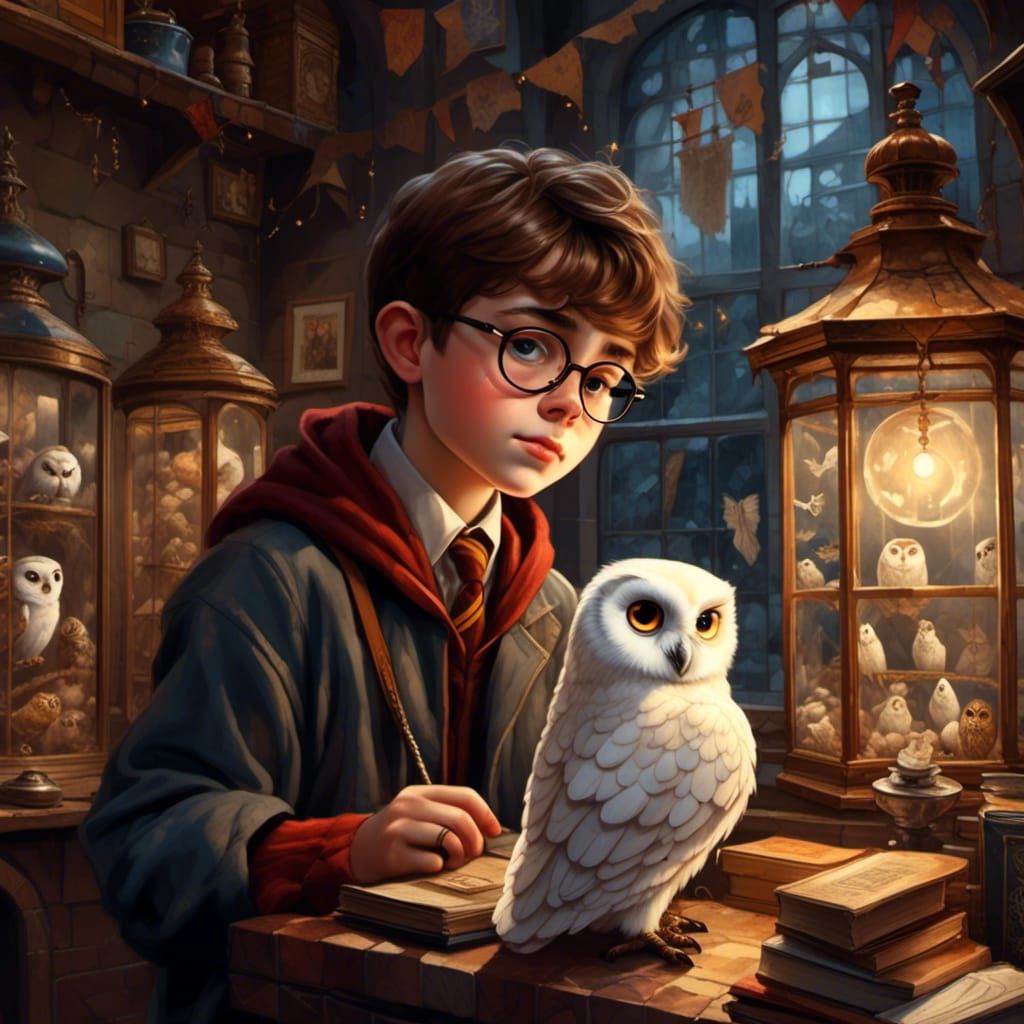 Boy and Owl in Dimly Lit Pet Shop