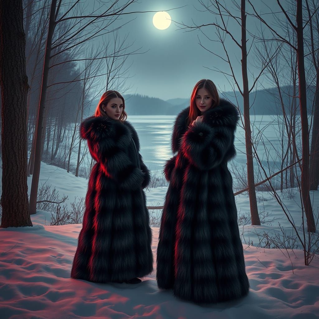 Elegant Women in Luxurious Fur Coats, Set in a Snowy, Moonli...