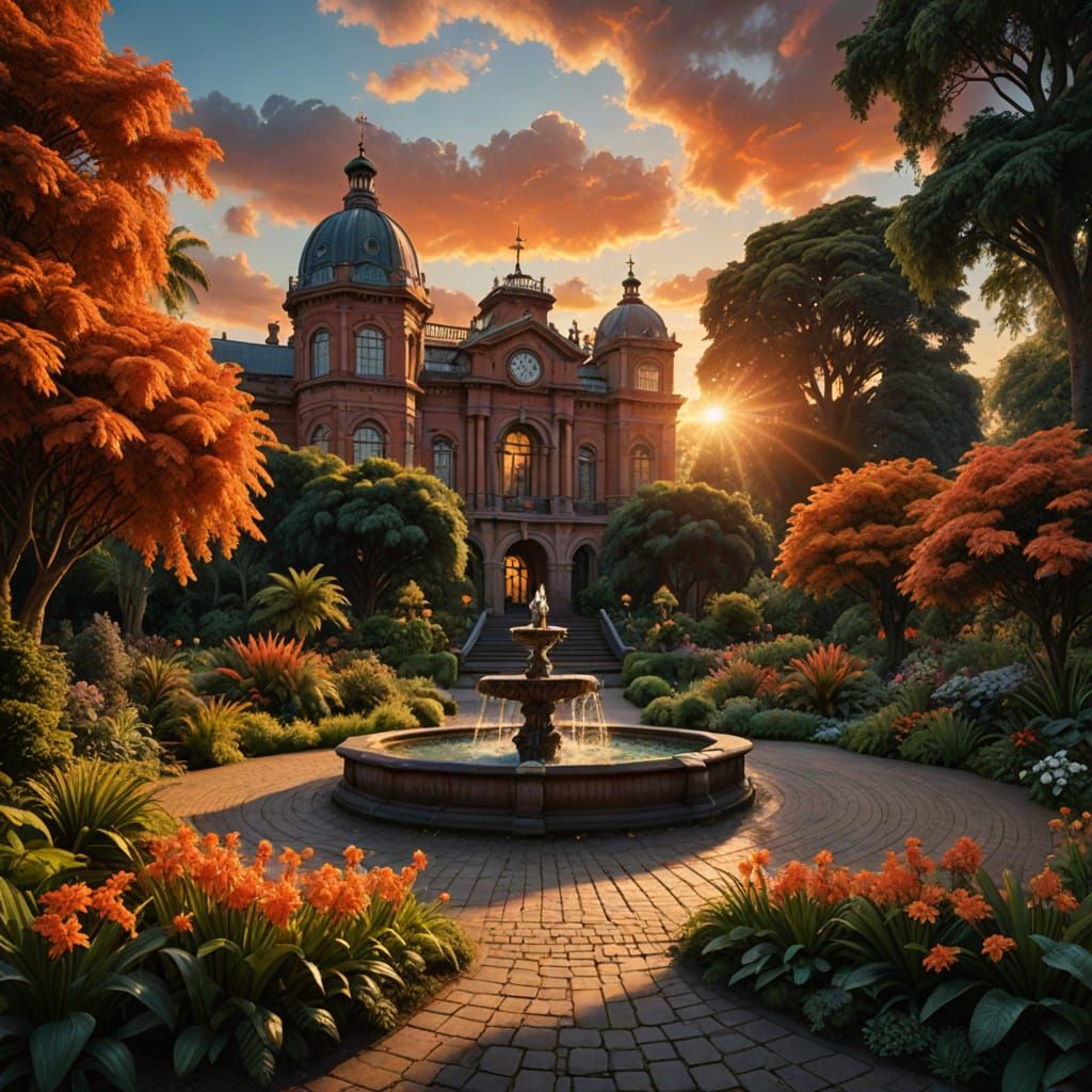 Botanical Garden Fountain at Sunset