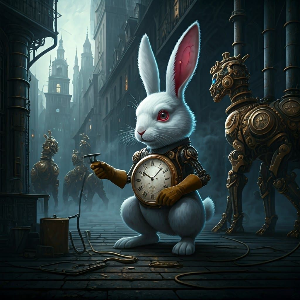 Steampunk Clockwork Rabbit Engineer in Dystopian City