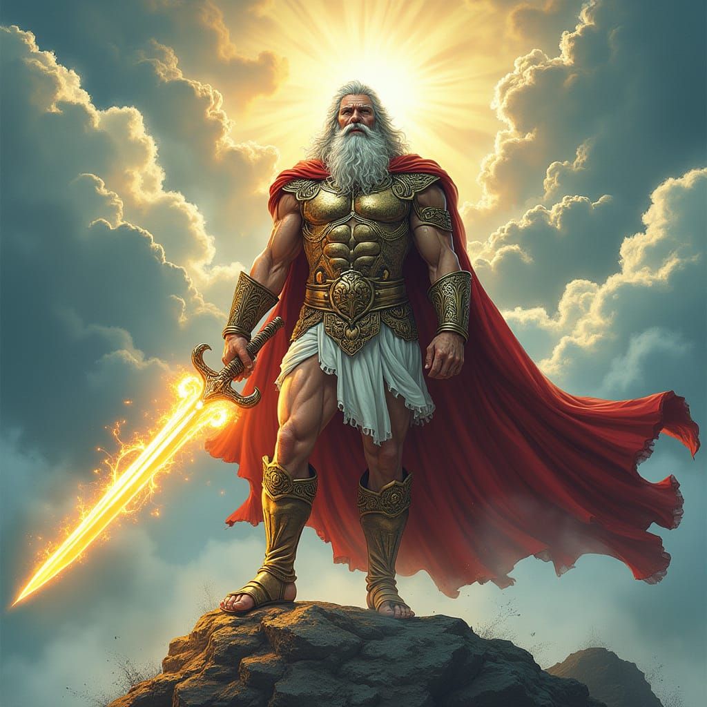 Zeus with Lightning Sword on Mount Olympus