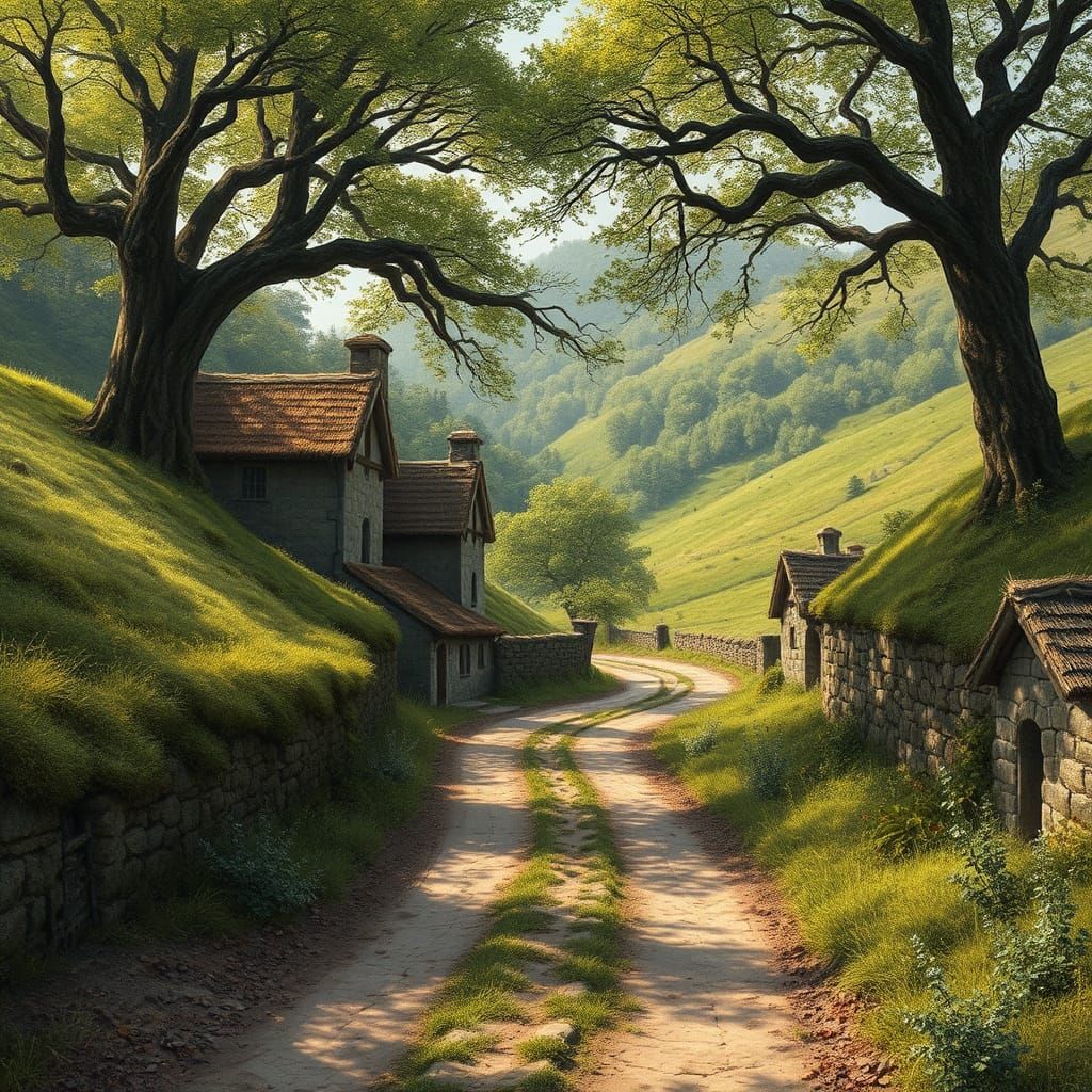Winding Road Through Medieval Village, Illustration Style