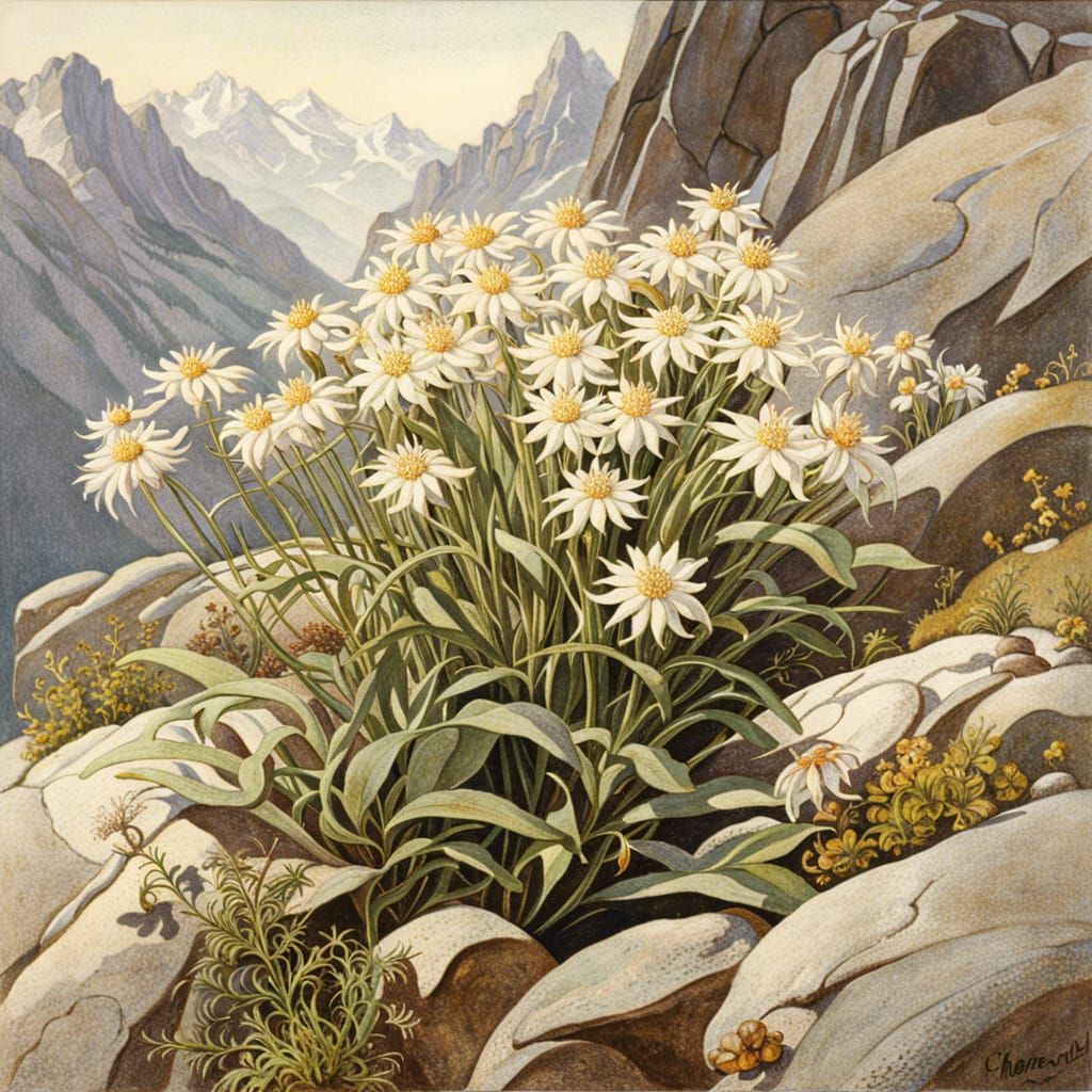 Edelweiss in Austrian Alps, Watercolor Style