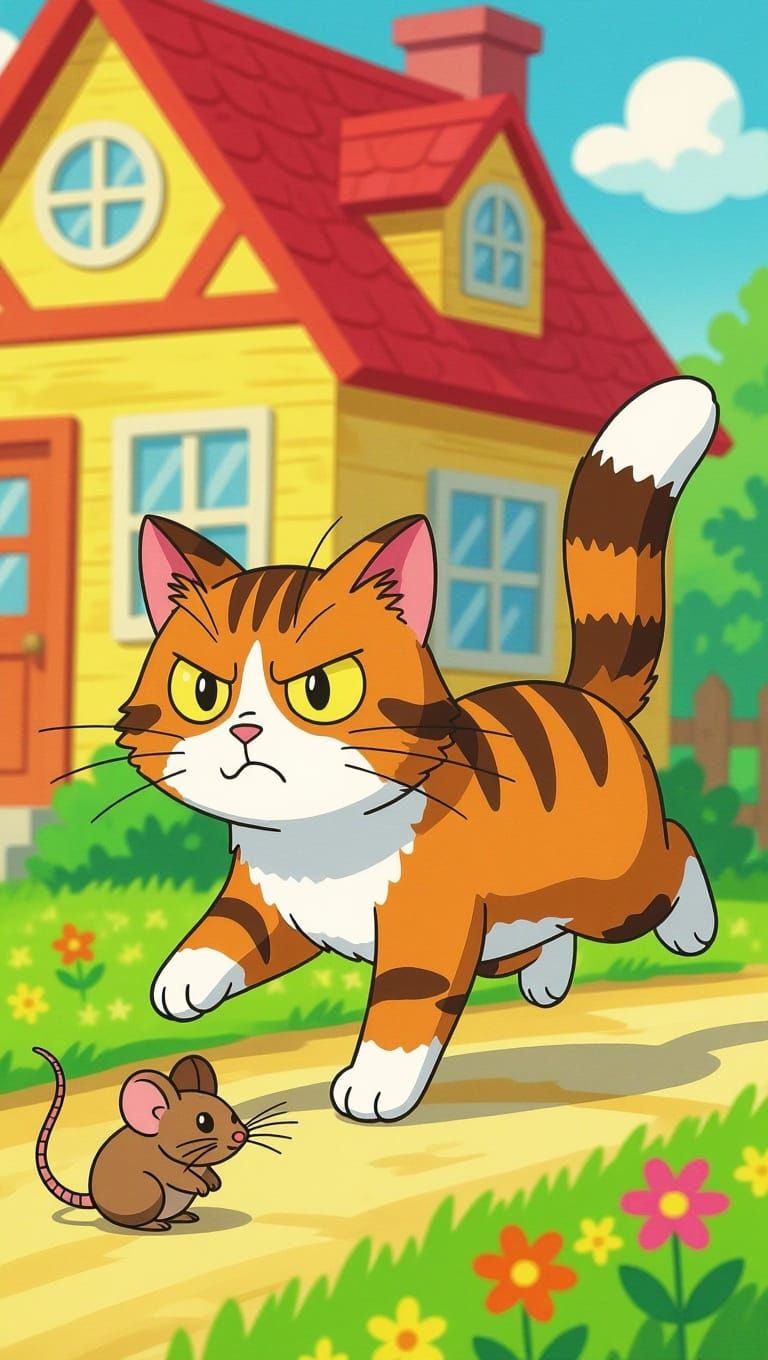Whimsical Cartoon Scene of Frustrated Cat Chasing Mouse