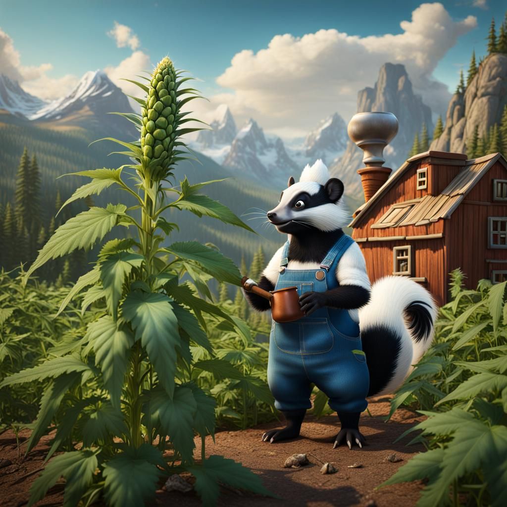 Skunk Farmer with Cannabis Plant: Detailed Matte Painting